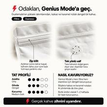 Görseli Galeri görüntüleyiciye yükleyin, Genius Mode bilgi kartı: filtre ve espresso uyumu, tat profili, medium-dark kavurma, zip kilit ve tek yönlü valf