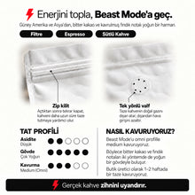 Görseli Galeri görüntüleyiciye yükleyin, Beast Mode bilgi kartı: zip kilit, tek yönlü valf, tat profili ve omni medium kavurma bilgisi