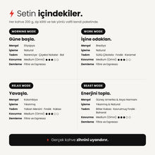 Görseli Galeri görüntüleyiciye yükleyin, Tanışma Seti içeriği: Morning, Work, Relax ve Beast Mode kahvelerinin menşei, tadım notları, omni kavurma ve demleme bilgisi
