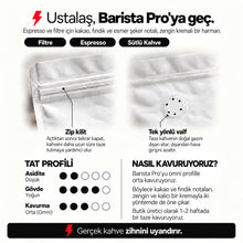 Görseli Galeri görüntüleyiciye yükleyin, Barista Pro – Filtre ve Espresso Harmanı – bilgi kartı: zip kilit, tek yönlü valf, tat profili ve kavurma bilgisi – Mode On Coffee Co.