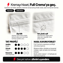 Görseli Galeri görüntüleyiciye yükleyin, Full Crema – Espresso Harmanı – bilgi kartı: zip kilit, tek yönlü valf, tat profili ve kavurma bilgisi – Mode On Coffee Co.