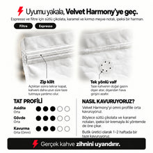 Görseli Galeri görüntüleyiciye yükleyin, Velvet Harmony – Filtre ve Espresso Harmanı – bilgi kartı: zip kilit, tek yönlü valf, tat profili ve kavurma bilgisi – Mode On Coffee Co.