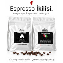 Görseli Galeri görüntüleyiciye yükleyin, Mode On Coffee Espresso İkilisi: Beast Mode ve Italian Mode 200 g kahve paketleri

