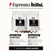 Görseli Galeri görüntüleyiciye yükleyin, Espresso İkilisi bilgi kartı: Beast ve Italian Mode tadım notları, gövde ve omni kavurma bilgisi
