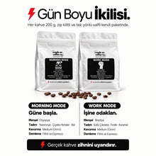 Görseli Galeri görüntüleyiciye yükleyin, Gün Boyu İkilisi bilgi kartı: Morning ve Work Mode menşei, tadım notları ve omni kavurma bilgisi
