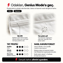 Görseli Galeri görüntüleyiciye yükleyin, Genius Mode – Guatemala Filtre ve Espresso Kahve – bilgi kartı: zip kilit, tek yönlü valf, tat profili ve omni medium kavurma – Mode On Coffee Co.
