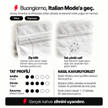 Görseli Galeri görüntüleyiciye yükleyin, Italian Mode bilgi kartı: zip kilit, tek yönlü valf, tat profili ve omni medium kavurma bilgisi
