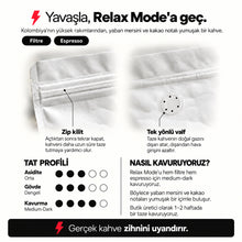 Görseli Galeri görüntüleyiciye yükleyin, Relax Mode bilgi kartı: filtre ve espresso uyumu, tat profili, medium-dark kavurma, zip kilit ve tek yönlü valf

