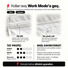 Görseli Galeri görüntüleyiciye yükleyin, Work Mode – Brezilya Filtre ve Espresso Kahve – bilgi kartı: zip kilit, tek yönlü valf, tat profili ve omni medium kavurma – Mode On Coffee Co.
