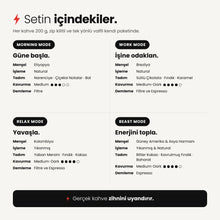 Görseli Galeri görüntüleyiciye yükleyin, Tanışma Seti içeriği: Morning, Work, Relax ve Beast Mode kahvelerinin menşei, tadım notları, kavurma derecesi ve demleme önerisi
